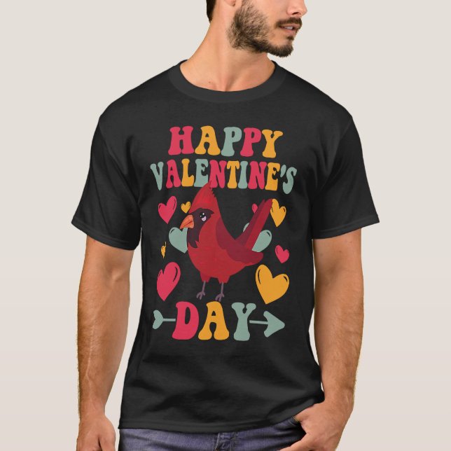 Happy Valentines Day Cardinal Heart Love Groovy T-Shirt (Front)