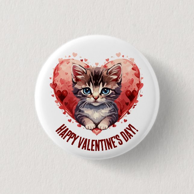 Happy Valentine's Day Cat Heart Button (Front)