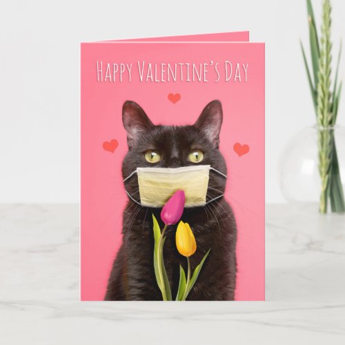 Happy Valentines Day Cat in Face Mask With Flower Holiday Card