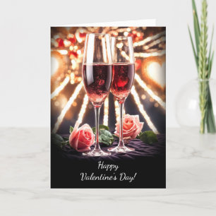 Happy Valentines Day Champagne Flutes Pink Bubbly Card