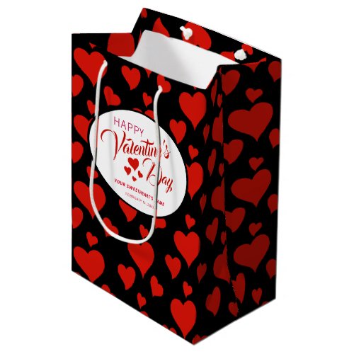 HAPPY VALENTINES DAY CHEERFUL RED HEARTS ON BLACK MEDIUM GIFT BAG