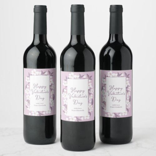 Happy Valentines Day Chic Light Pink Floral Party Wine Label