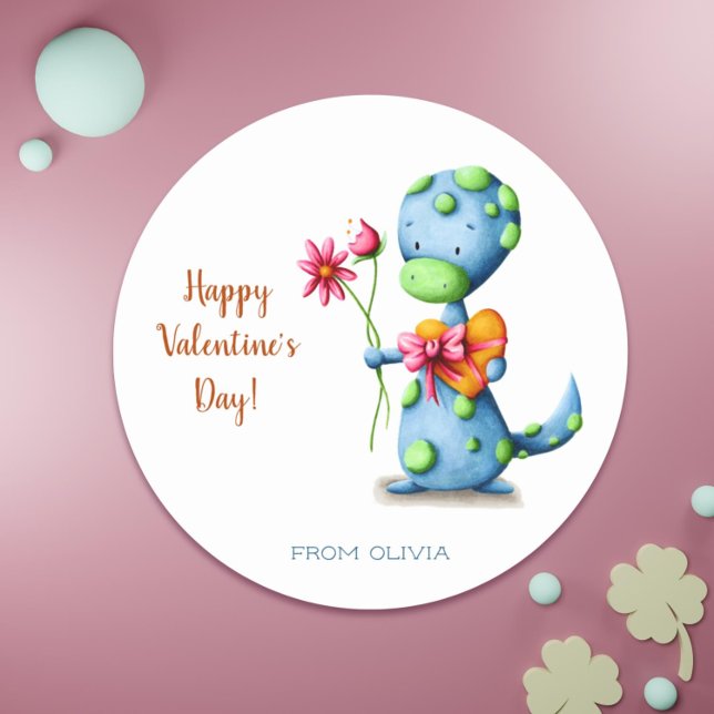 Happy Valentines Day Classroom Dinosaur Classic Round Sticker (Happy Valentines Day Classroom Dinosaur Classic Round Sticker)