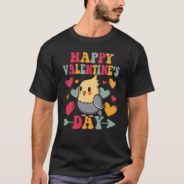 Happy Valentines Day Cockatiel Heart Love Groovy T-Shirt (Front)
