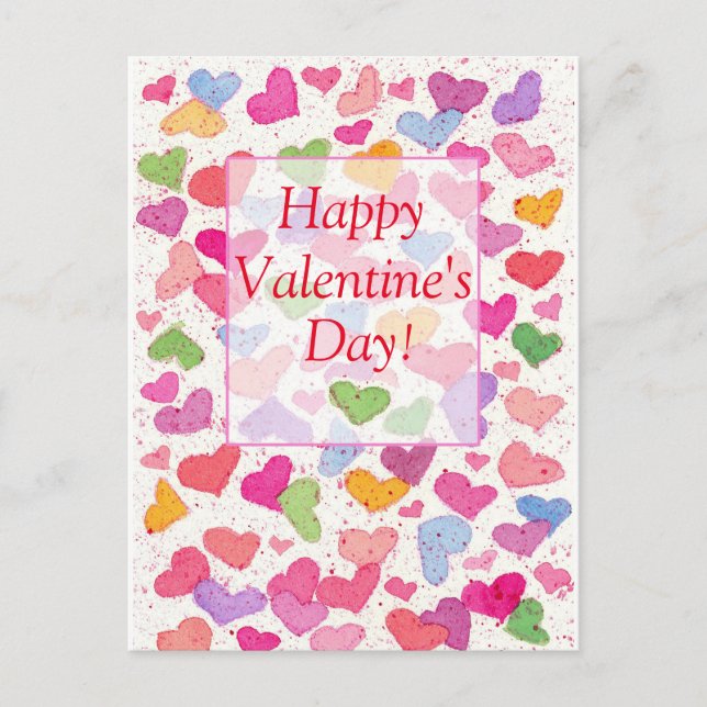 Happy Valentine's Day Colorful Watercolor Hearts Holiday Postcard (Front)