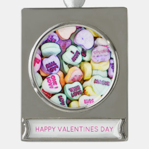 Happy Valentines Day Conversation Hearts Photo Art Silver Plated Banner Ornament