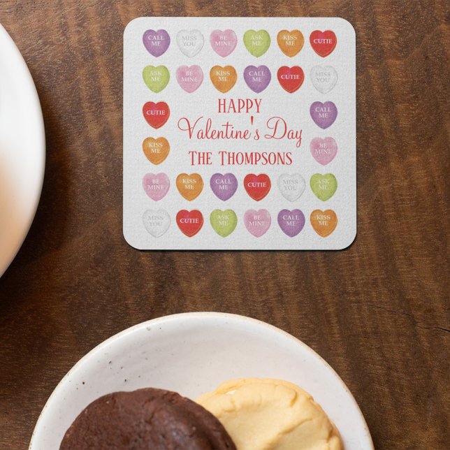 Happy Valentine's Day Conversation Hearts  Square Paper Coaster (Happy Valentines day custom party paper coaster. )