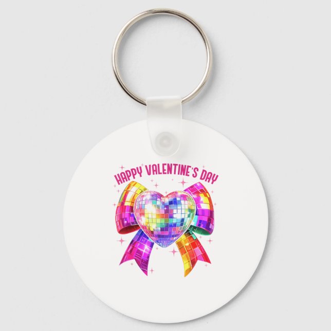 Happy Valentine's Day Coquette Disco Ball Heart Gi Keychain (Front)