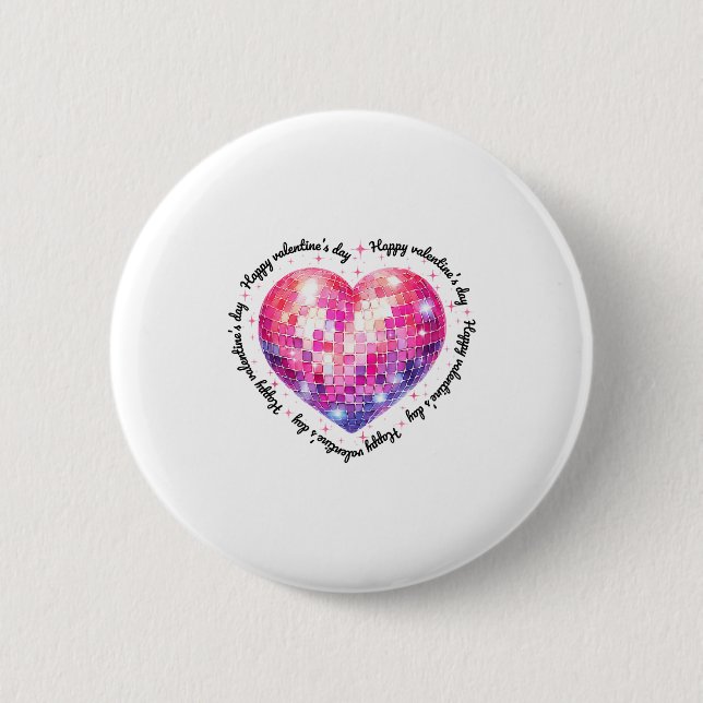 Happy Valentine's Day Coquette Nk Disco Ball Heart Button (Front)