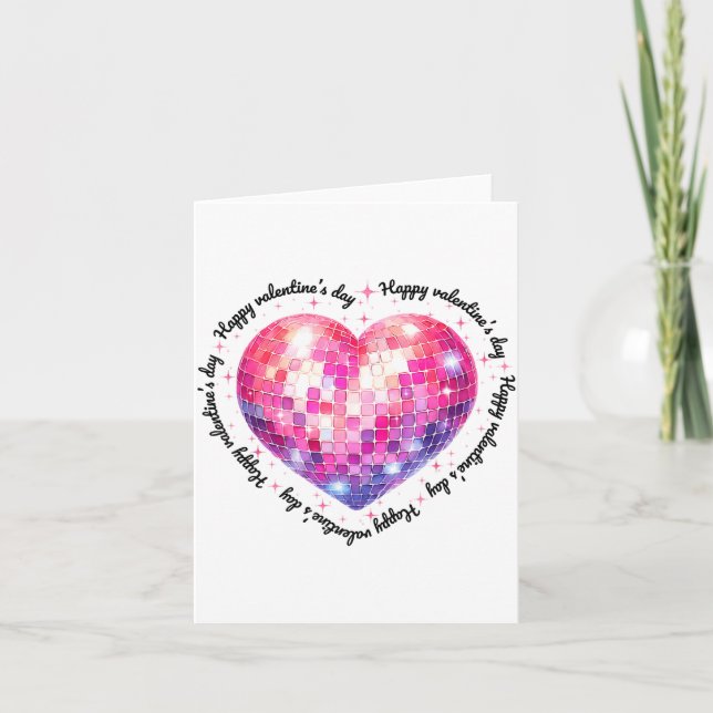 Happy Valentine's Day Coquette Nk Disco Ball Heart Card (Front)