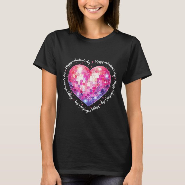 Happy Valentine's Day Coquette Nk Disco Ball Heart T-Shirt (Front)