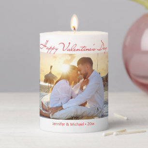 happy valentines day couple photo red chic script pillar candle