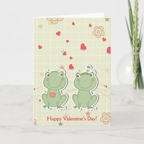 Happy Valentines Day Courting Frogs Red Hearts Holiday Card