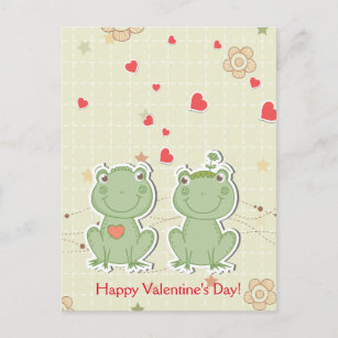 Happy Valentine's Day Courting Frogs Red Hearts Holiday Postcard