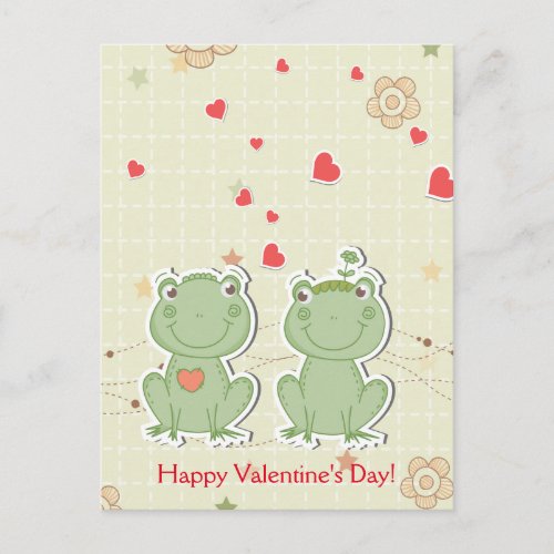 Happy Valentines Day Courting Frogs Red Hearts Holiday Postcard