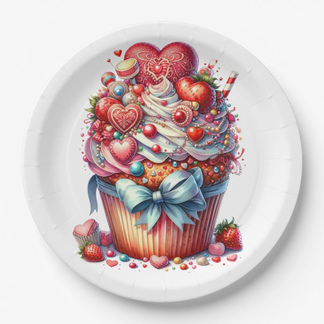 Happy Valentines Day Cupcake Paper Plates (Front)