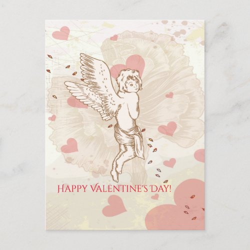 Happy Valentines Day Cupid Floral Heart Holiday Postcard