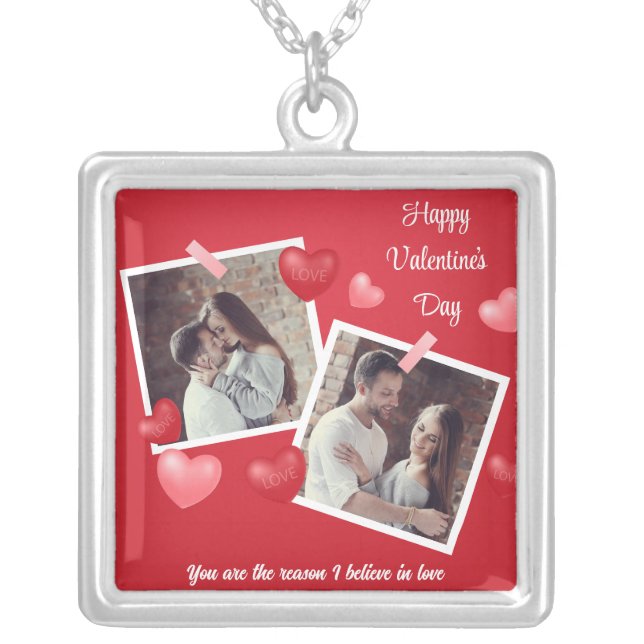 Happy Valentine's Day Custom Photo and Text Silver Plated Necklace (Front)
