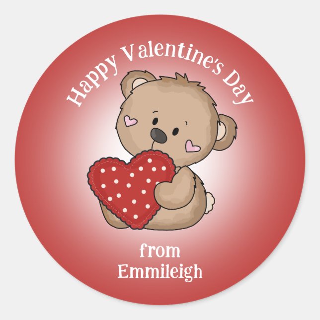 Happy Valentine's Day Cute Bear Heart Gift Bag Classic Round Sticker (Front)
