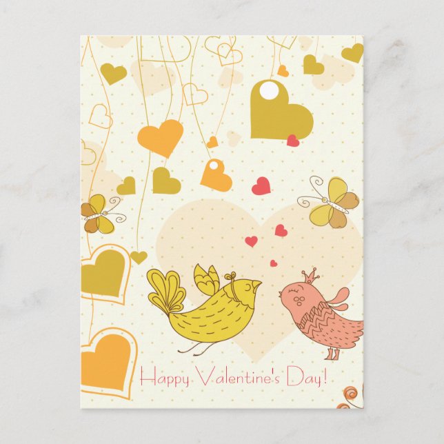 Happy Valentine's Day Cute Birds Hearts Butterfly Holiday Postcard (Front)
