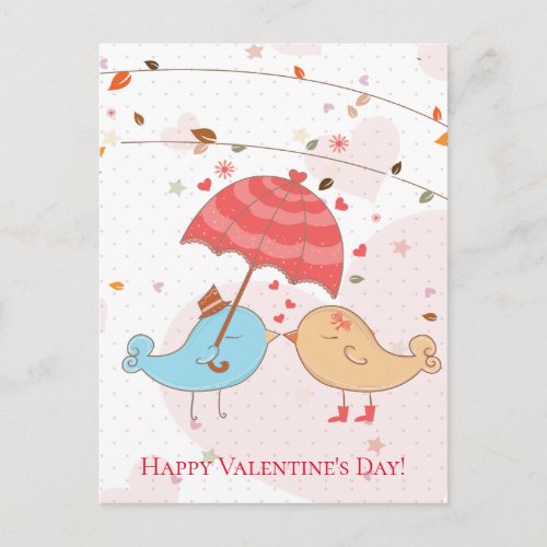 Happy Valentines Day Cute Birds Hearts Umbrella Holiday Postcard