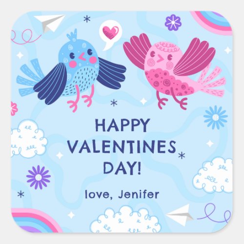 Happy Valentines Day Cute Birds Square Sticker