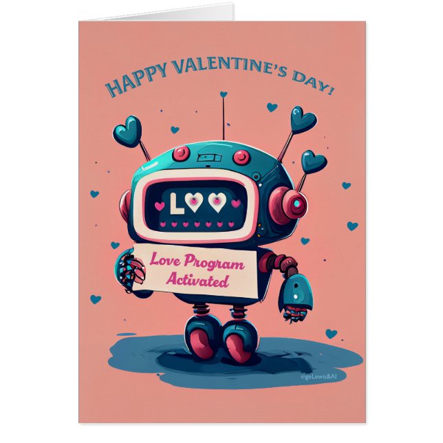 Happy Valentines Day Cute Blue Robot, Hearts Fun  Cards (Front)