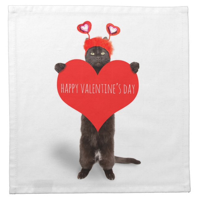 Happy Valentine's Day Cute Cat Holding Heart Humor Cloth Napkin (Front)