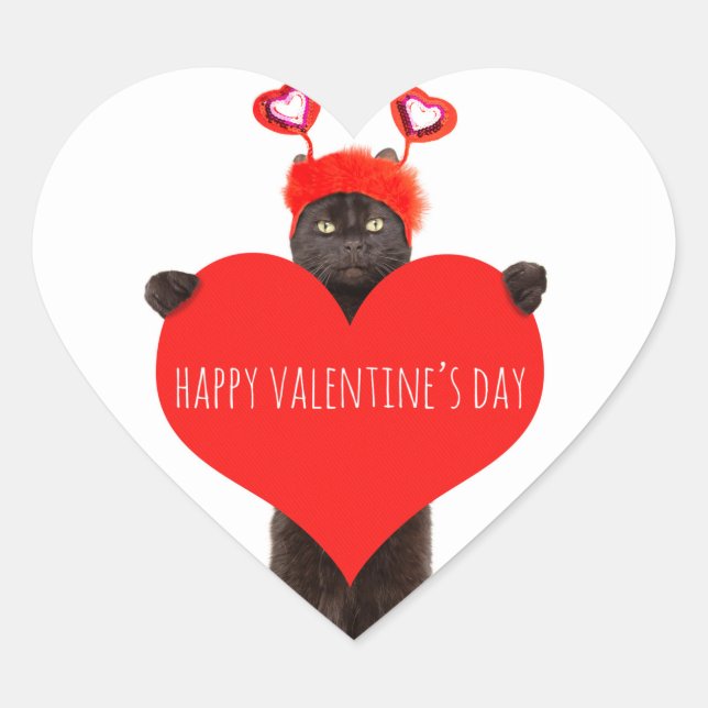 Happy Valentine's Day Cute Cat Holding Heart Humor Heart Sticker (Front)