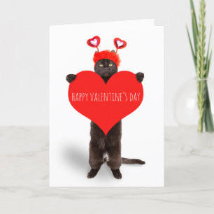 Happy Valentine's Day Cute Cat Holding Heart Humor Holiday Card