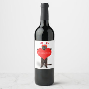 Happy Valentine's Day Cute Cat Holding Heart Humor Wine Label