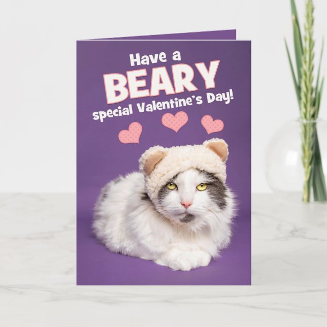 Happy Valentine's Day  Cute Cat in Bear Ears Holiday Card (Front)