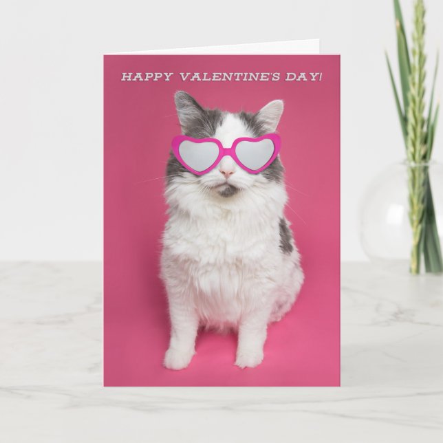 Happy Valentine's Day Cute Cat in Heart Glasses Holiday Card (Front)