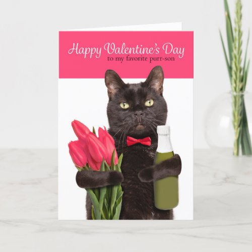 Happy Valentines Day Cute Cat With Flowers  Holiday Card