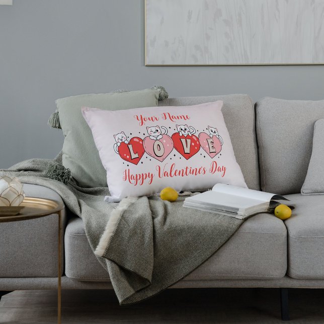 Happy Valentine's Day, Cute Cats With Hearts Lumbar Pillow (Creator Uploaded)