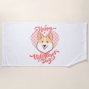 Happy Valentines Day Cute Corgi Dog Beach Towel