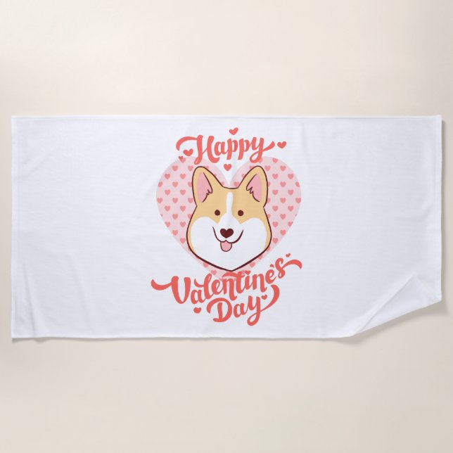 Happy Valentines Day Cute Corgi Dog Beach Towel (Front)