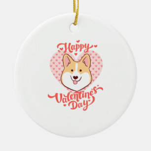 Happy Valentines Day Cute Corgi Dog Ceramic Ornament