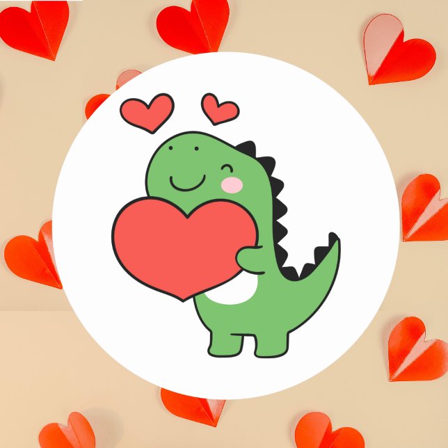Happy Valentines Day Cute Dinosaur Red Heart Classic Round Sticker (Creator Uploaded)