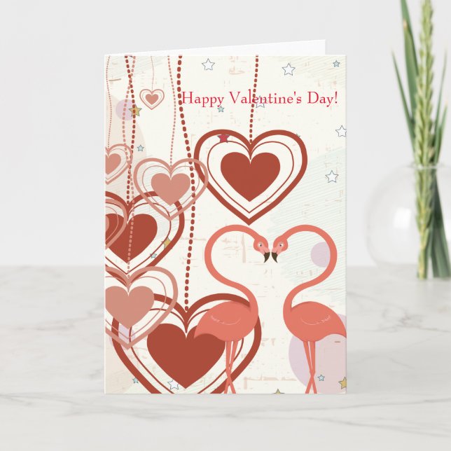 Happy Valentine's Day Cute Flamingo Heart Streamer Holiday Card (Front)