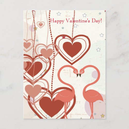 Happy Valentines Day Cute Flamingo Heart Streamer Holiday Postcard