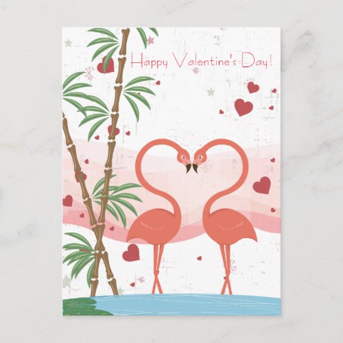 Happy Valentines Day Cute Flamingo Hearts Bamboo Holiday Postcard