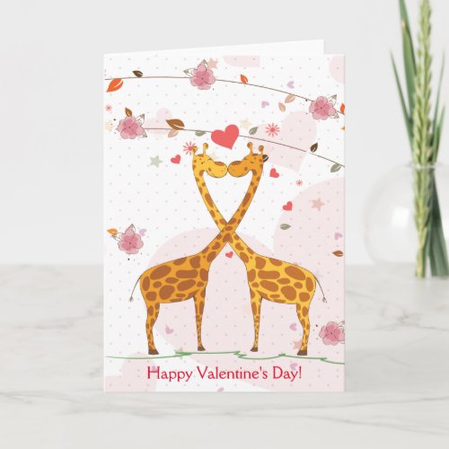 Happy Valentines Day Cute Giraffes Flowers Holiday Card