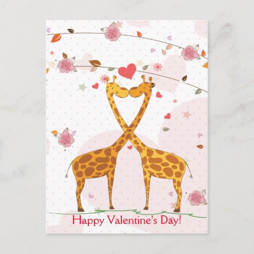 Happy Valentines Day Cute Giraffes Flowers Holiday Postcard