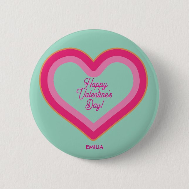Happy Valentine's Day Cute Hot Pink Heart Girly Button (Front)