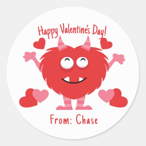 Happy Valentines Day Cute Kids Monster Classic Round Sticker