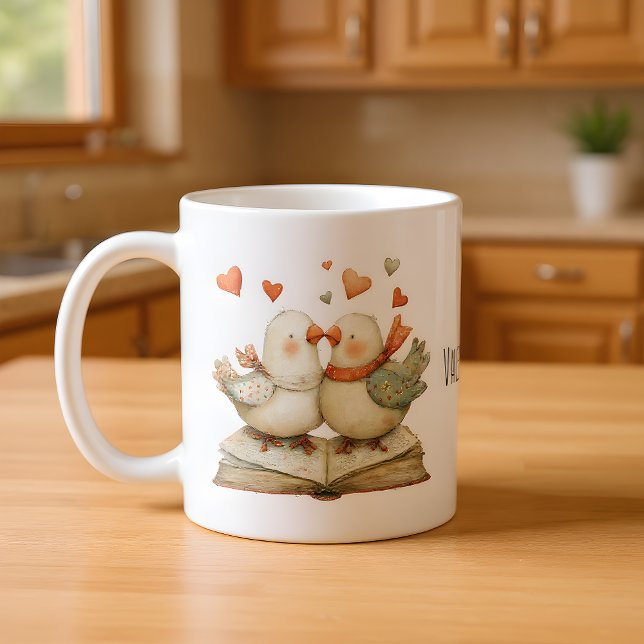 Happy Valentine's Day Cute Love Birds on Book Coffee Mug (Creator Uploaded)