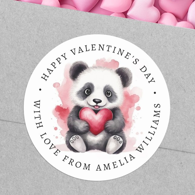 Happy Valentines day cute panda holding heart Classic Round Sticker (Happy Valentines day cute panda holding heart Classic Round Sticker)