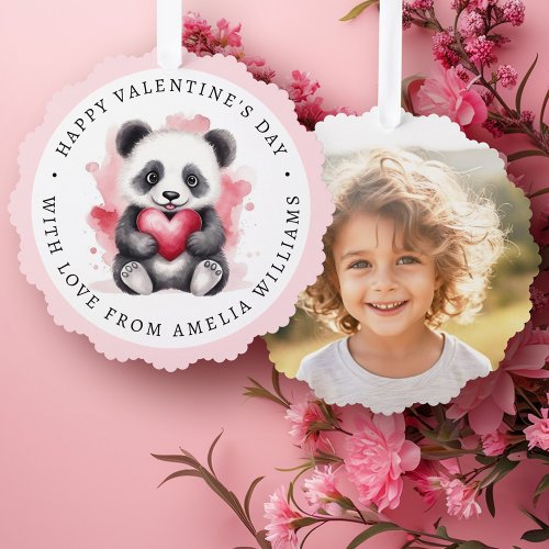 Happy Valentines day cute panda with heart photo Ornament Card