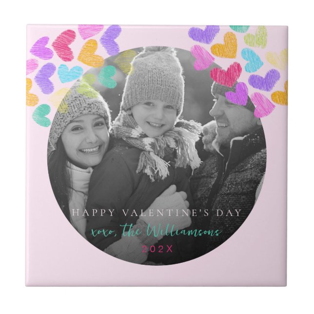 Happy Valentines Day Cute Pastel Hearts Photo Ceramic Tile (Front)